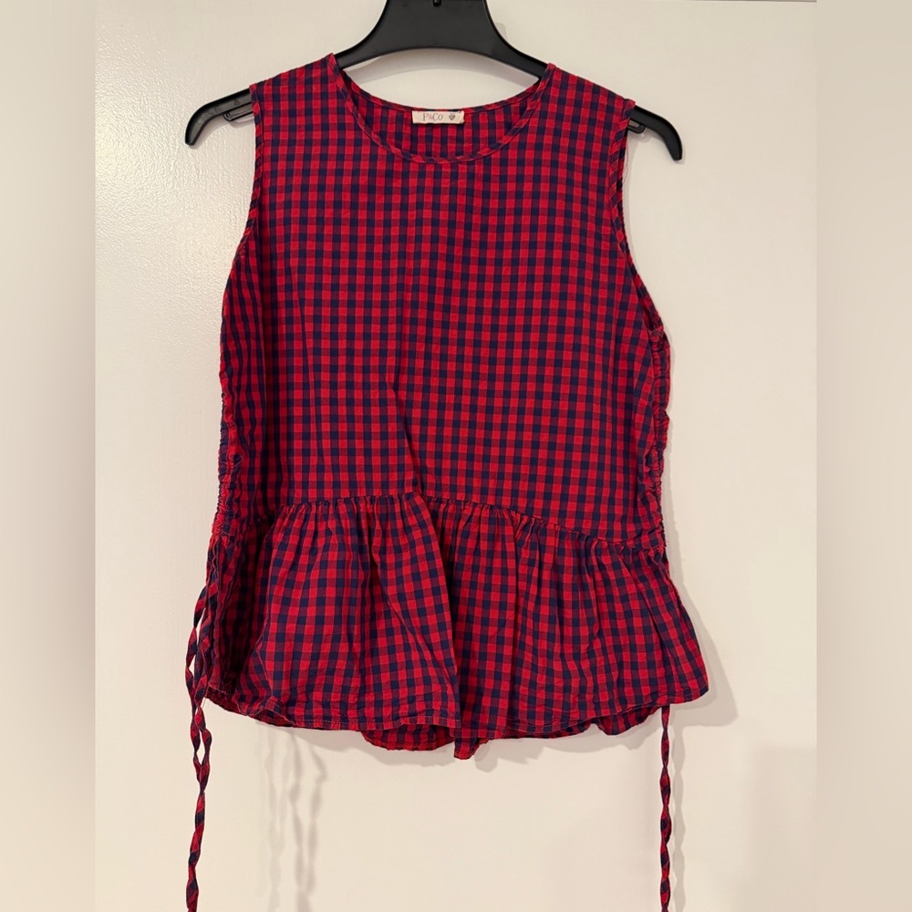 Sleeveless Red & Navy Gingham Peplum Top - Poco